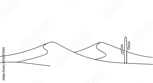 Minimalist desert landscape with sand dunes and a cactus, pure black lines, abstract composition, centered illustration