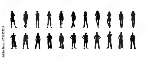 Back and side views of various people standing and walking, featuring both male and female characters in modern monochrome illustrations. These icons are isolated on a transparent background.
vector.