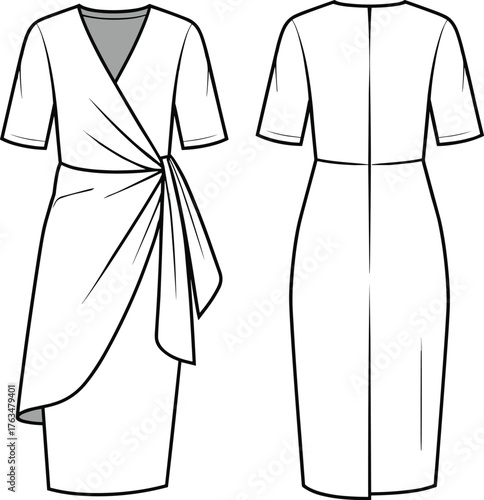 Women’s dress vector illustration, front and back view, wrap style V‑neck with draped waist detail, fashion CAD drawing, apparel flat sketch