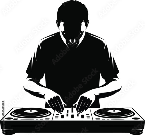 Dj performing music with turntable and headphones silhouette
