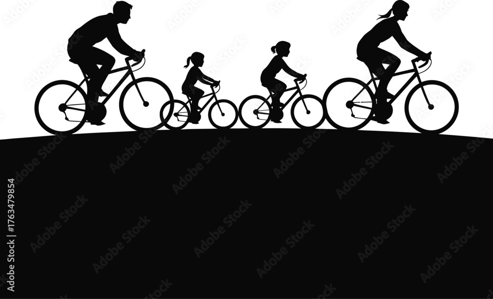 Obraz premium Happy family riding bicycles together outdoors silhouette
