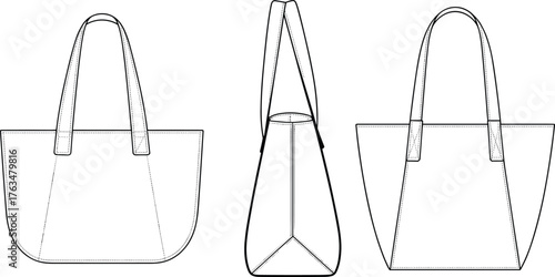 Women’s handbag vector illustration, front side and back view, trapezoid shape with handles, fashion CAD drawing, accessory flat sketch