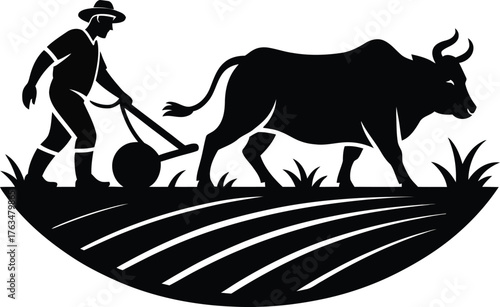 Farmer with ox plowing a field in silhouette style