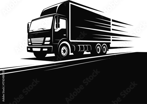 Dynamic delivery truck speeding along a highway at sunset silhouette