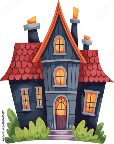 Whimsical fantasy house illustration, cartoon crooked home with red roof and chimneys, funny architecture artwork, fairy-tale design, imaginative vector background