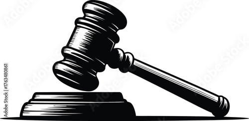 Silhouette of a judge s gavel and sound block on a white background