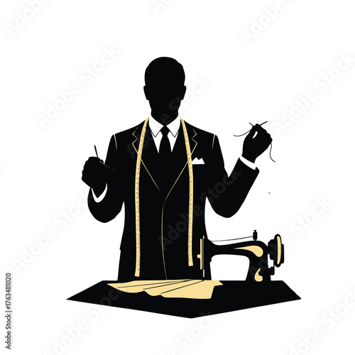 silhouette of a tailor and sewing machine isolated with white background 