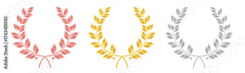 Laurel wreath of victory icon. Set of gold, silver and bronze laurel frame ranking decoration. Vector and PNG