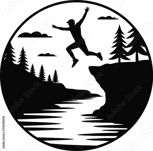 Man jumping off a cliff into a river representing adventure and freedom silhouette
