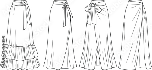 Women’s long skirt vector illustration set, four styles with tiered, wrap, pleated and draped tie waist designs, fashion CAD flat sketch