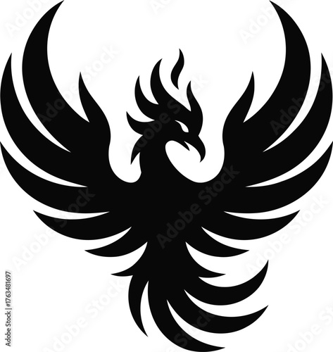 Majestic mythical phoenix bird rising emblem silhouette