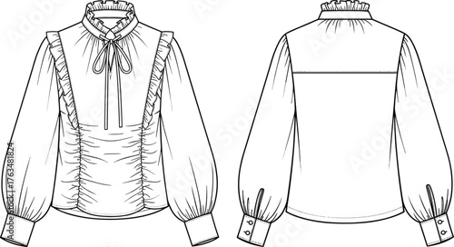 Women’s blouse fashion flat sketch, technical garment drawing, ruffle neckline, long sleeve vector, apparel design illustration, CAD clothing template