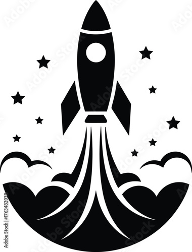 Rocket launching into starry space flight silhouette