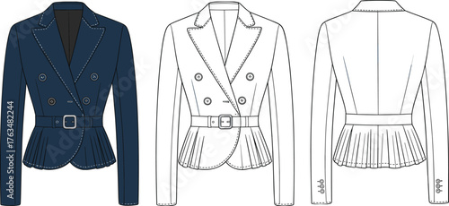 Women’s peplum blazer vector illustration, double breasted with belt, front and back view, pleated peplum design, fashion CAD flat sketch
