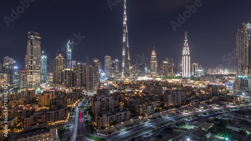 Wallpaper Mural Dubai Downtown skyline night timelapse with Burj Khalifa and other towers panoramic view from the top in Dubai Torontodigital.ca