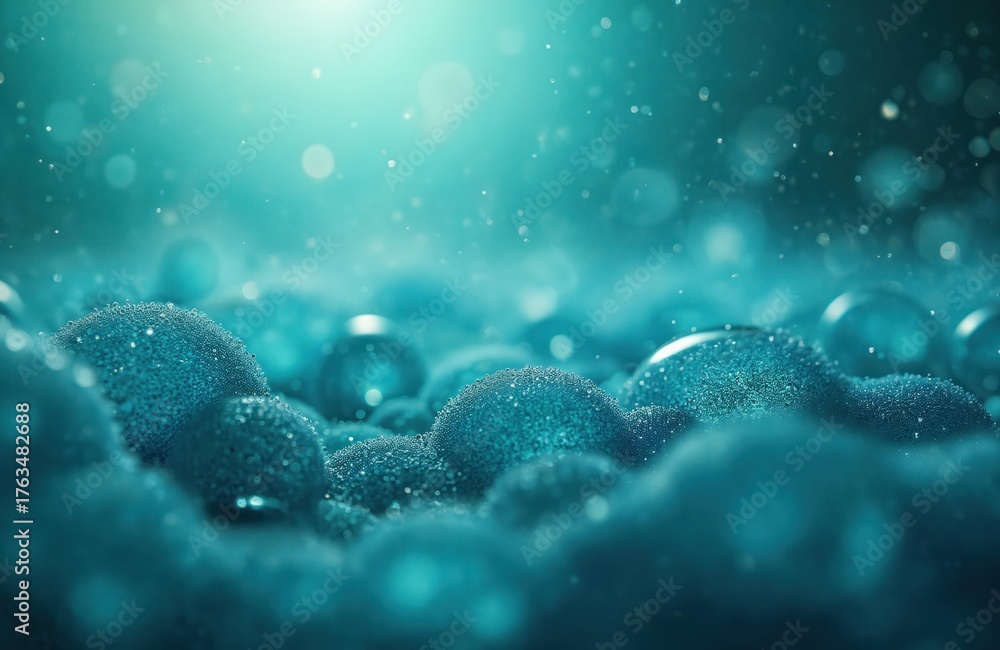 Fototapeta premium Microscopic aqua blue bubbles float on textured surface. Many small spheres form abstract pattern. Soft light glows, particles dance in liquid.