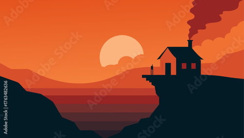 Cabin on a cliff under a crescent moon at nighttime