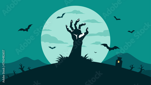 Purple graveyard scene with moon and bats flying by