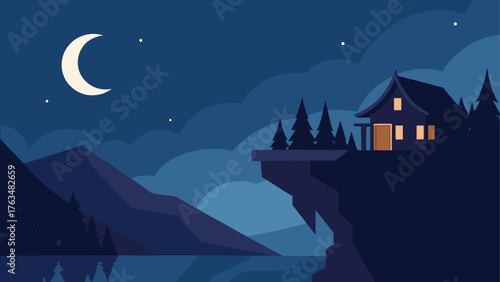 Chair silhouette at archway overlooking seascape view