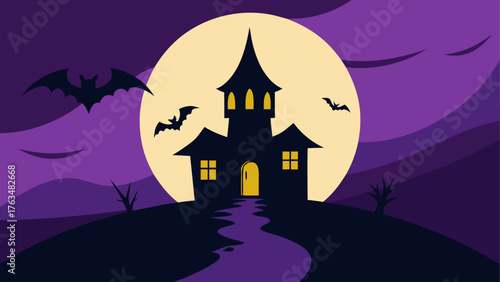 Spooky halloween night with haunted house and bats