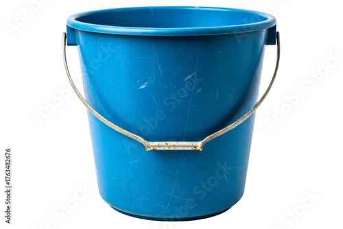 Old and scratched blue plastic bucket with a rusty metal handle isolated on transparent background