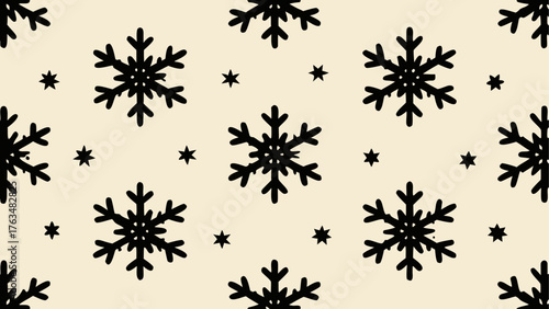 Seamless pattern of black snowflakes and small stars