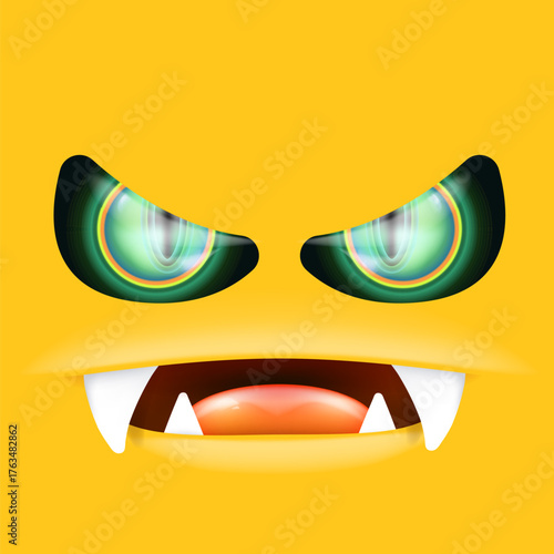Orange monster face with gleaming green eyes and huge fangs emerges. Happy Halloween backdrop for your spooky holiday card designs with orange monster face