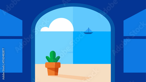 Window view with cactus boat and cloud illustration