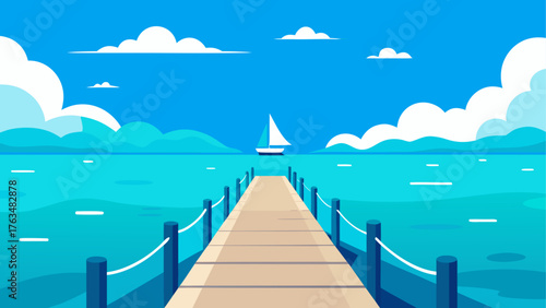 A scenic view of a sailboat from the end of a pier