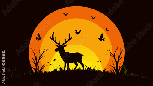 Silhouette deer and birds against sunset backdrop