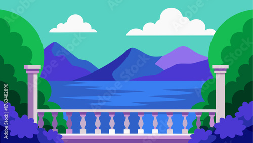 Scenic view from a balcony overlooking mountains lake