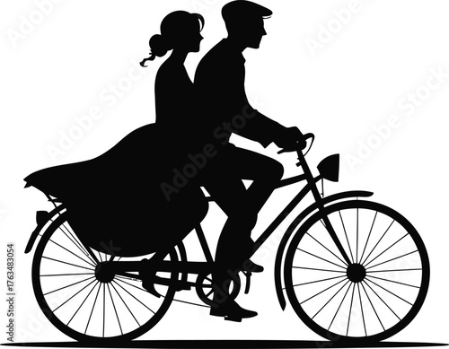 Vintage couple enjoying a romantic bicycle ride in silhouette