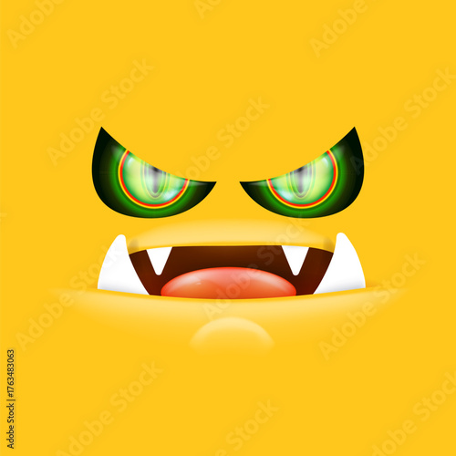 Orange monster face with gleaming green eyes and huge fangs emerges. Happy Halloween backdrop for your spooky holiday card designs with orange monster face