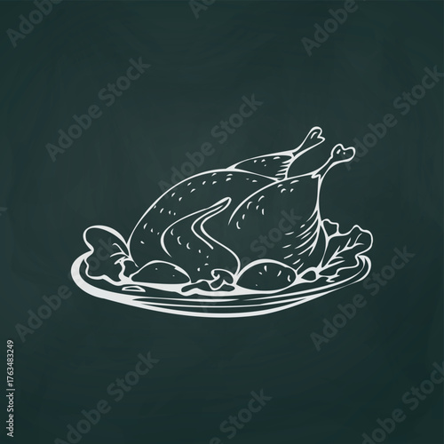 Fried chicken thin white lines on a textured dark background - Vector illustration