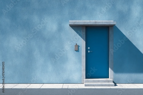 Blue door set in a textured blue wall with concrete frame and steps.
