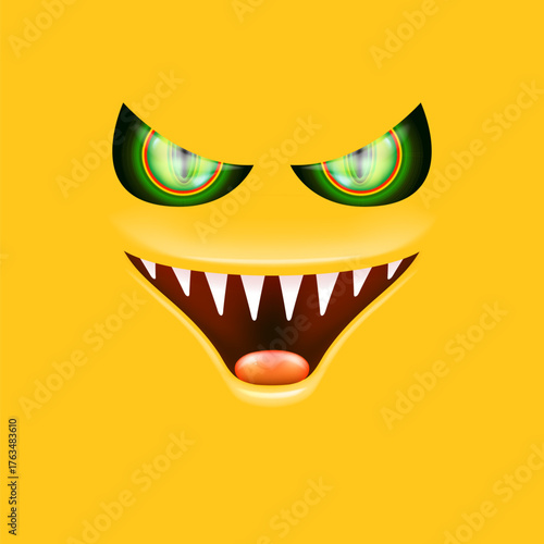 Orange monster face with gleaming green eyes and huge fangs emerges. Happy Halloween backdrop for your spooky holiday card designs with orange monster face