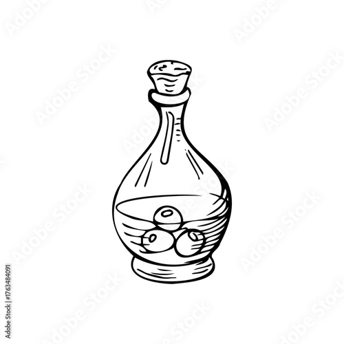 Bottle with olive oil thin black lines on a white background - Vector illustration
