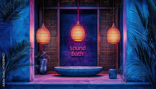 a realistic photograph of sound bath banner saying 