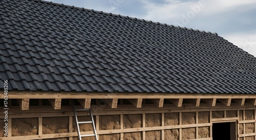 Wallpaper Mural Sleek Dark Gray Roof Tiles Covering a Modern House Construction in Progress Under a Cloudy Sky Torontodigital.ca
