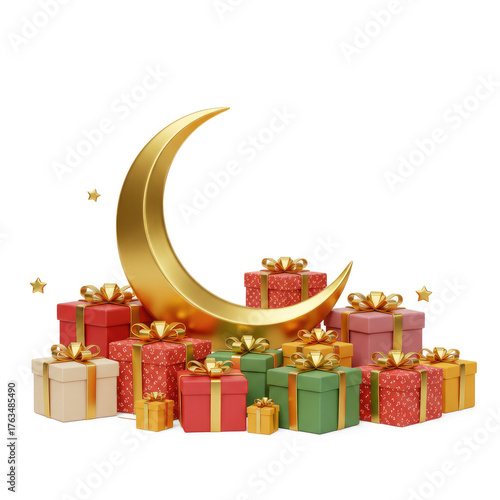 Festive arrangement of gifts and a golden crescent moon against a white background
