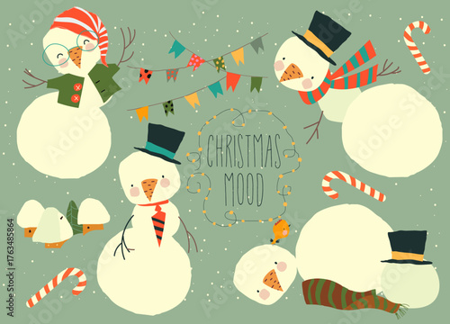 Cartoon Set With Cute Snowmen and Christmas Elements