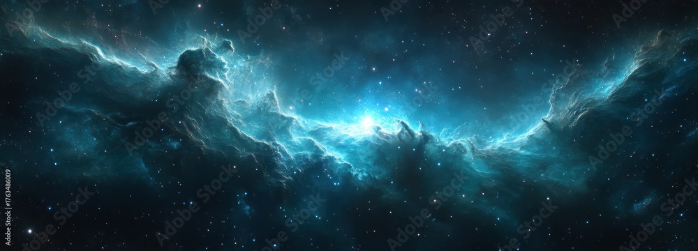 Fototapeta premium Cosmic beauty of the kam nebula in oceanic teal contrasted with silver-white cosmic dust