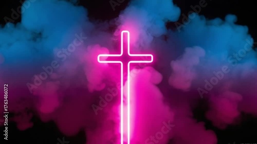 Neon Cross Glowing in Mystical Smoke.