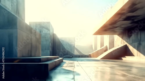 Brutalist architectural space bathed in harsh sunlight and shadows