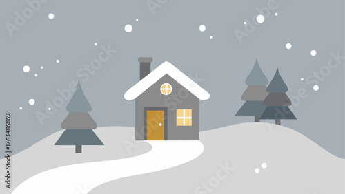 A pink house in a snowy winter landscape scene