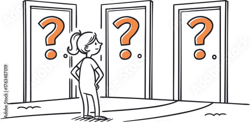 Stick Figure Decision Concept – Hand Drawn Vector of Person Choosing Between Three Doors with Question Marks, Symbolizing Uncertainty and Choices