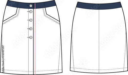 Women’s skirt vector illustration, front and back view, button‑down design with waistband and pockets, fashion CAD drawing, apparel flat sketch