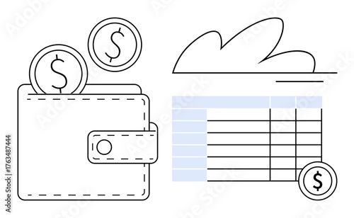 Wallet with coins representing savings beside cloud-connected spreadsheet hinting at online financial planning. Ideal for money management, fintech, budgeting, accounting, cloud storage, investment