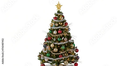 Beautifully Decorated Christmas Tree with Star Topper and Ornaments.