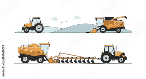 Farm Equipment Vector Illustration with Modern Tractor and Combine Harvester in Flat Design Style